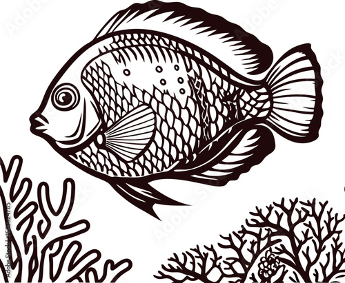 Hand drawn angelfish swimming among coral reefs vintage ink illustration with detailed marine life underwater