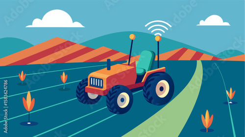 An electricpowered selfdriving tiller effortlessly navigates through rows of crops utilizing artificial intelligence to avoid obstacles and optimize its path.. Vector illustration