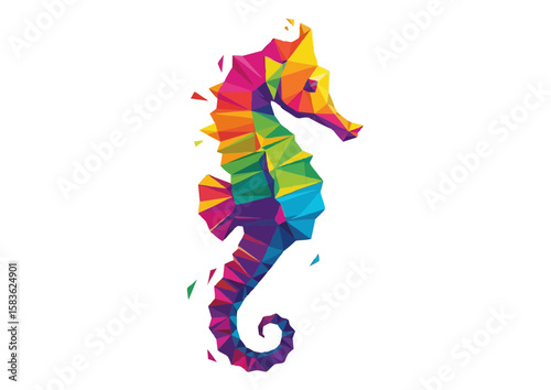 Colorful geometric seahorse swimming in a modern art style with vibrant colors and copy space