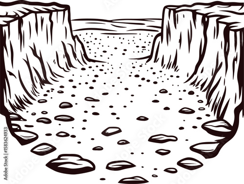 Engraved canyon landscape with rocky cliffs and riverbed in retro vintage illustration