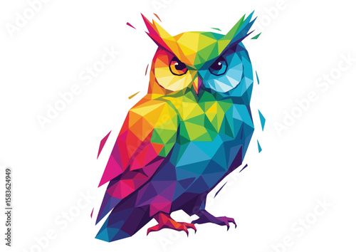 Colorful geometric owl illustration in vibrant shades