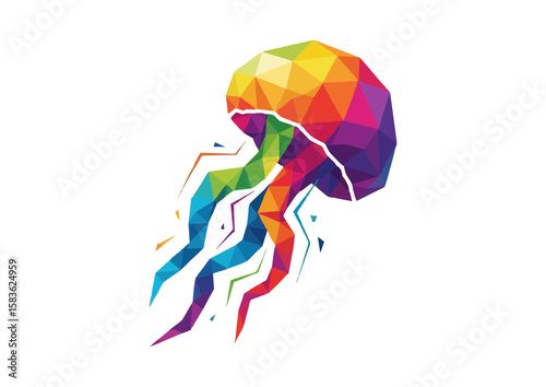 Colorful geometric jellyfish swimming in a modern art style with vibrant colors and copy space