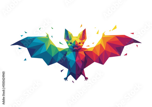 Colorful geometric bat flying in a modern art style with vibrant colors and copy space