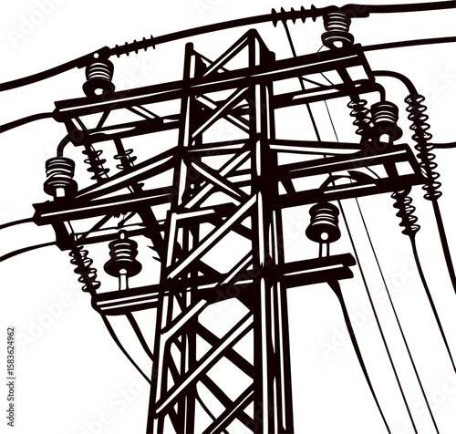 Black and white illustration of high voltage electrical tower with power lines and insulators in silhouette