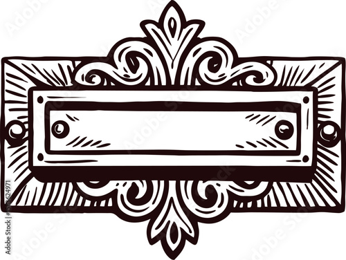Hand drawn vintage ornate nameplate with baroque scrollwork engraved decorative rectangular label illustration