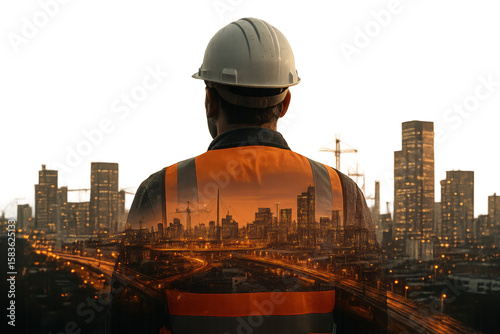 Cityscape Vision: An construction worker with a hardhat looks toward city. with a seamless blend of human and urban elements, offers a unique perspective on city planning and vision.