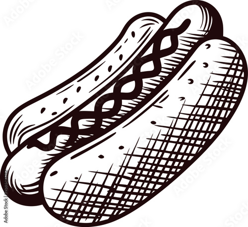 Hand drawn hot dog with sausage in bun, vintage engraved illustration isolated on white