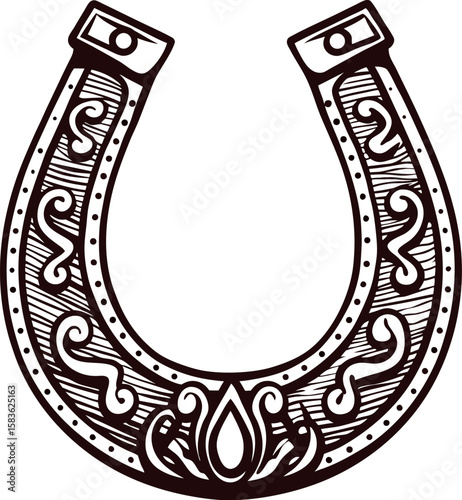 Ornate vintage horseshoe illustration with intricate decorative patterns and bold black outline isolated on white