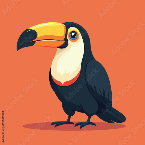 Cartoon Toucan Bird with Big Yellow Beak on Orange Background