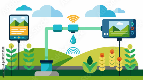 An illustration of a smart irrigation system powered by realtime soil moisture sensors automatically adjusting the water supply based on the data collected.. Vector illustration