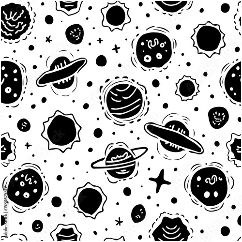 Seamless pattern featuring planets, stars and celestial bodies in black and white