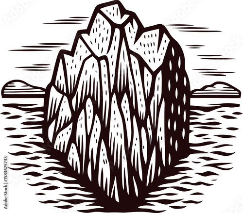 Hand drawn iceberg illustration with ocean waves and distant ice formations, vintage engraving style, isolated on white