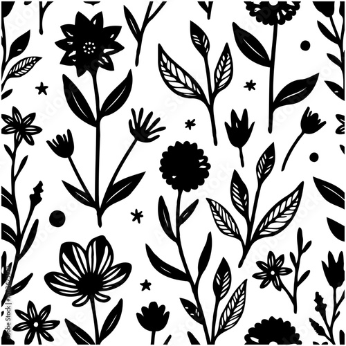 Elegant black and white floral pattern with stylized flowers and leaves design