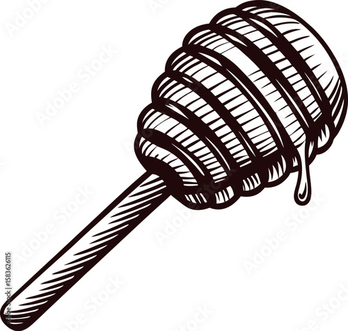 vintage engraved drawing of a honey dipper with dripping honey isolated on white background