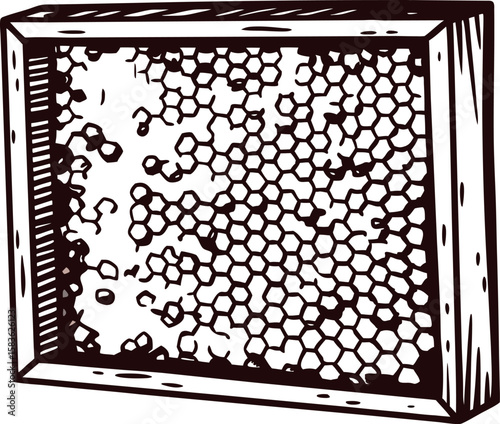 Vintage hand drawn honeycomb frame in wooden box detailed beekeeping engraved illustration isolated on white background