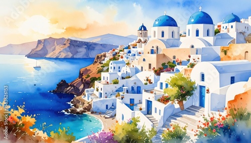 A stunning coastal Greek village at sunset symbolizing romance, wanderlust, and the iconic charm of Mediterranean getaways. Watercolor painting.