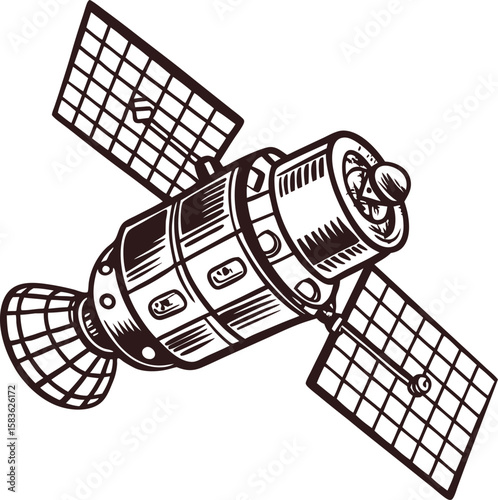 Vintage engraved space satellite illustration with solar panels and antenna on white background