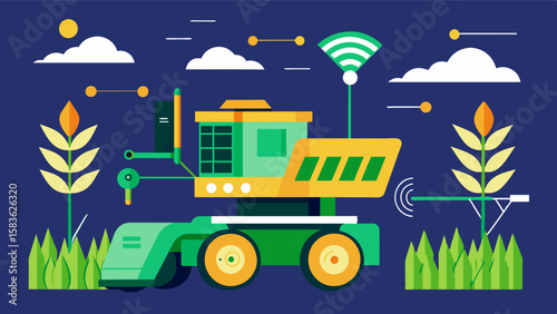 An AIpowered autonomous combine harvester continuously learns and adapts to different crop types and conditions optimizing its performance with every harvest.. Vector illustration