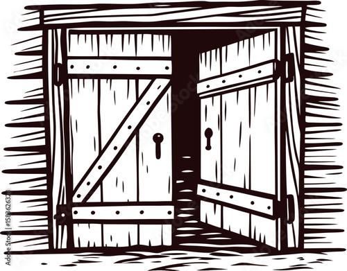 Vintage hand drawn barn doors partially open with rustic wooden planks and detailed engraving illustration