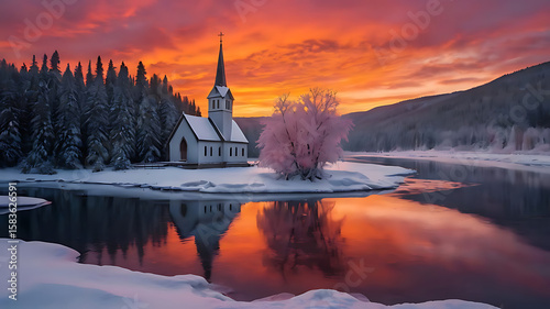 A Peaceful Winter Sunset with a Church and a Pink Tree, 4k