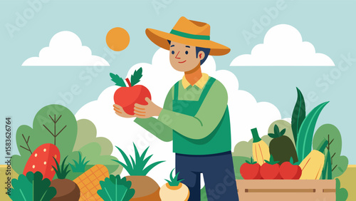 An organic farmer selects heirloom or traditional crop varieties that have been adapted to local conditions and are naturally resistant to pests and diseases.. Vector illustration