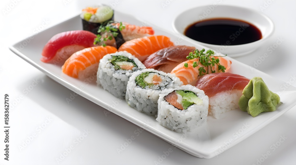 Variety of Fresh Sushi on White Plate with Soy Sauce Variety of Fresh Sushi on White Plate with Soy Sauce