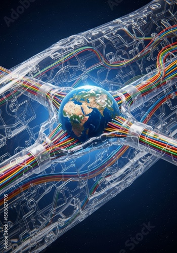 Global Network Illustration - A illustration depicting Earth connected by a transparent, wired structure, symbolizing global connectivity, technology, communication, data flow, and the interconnected
