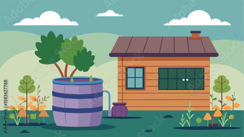 Rainwater collected in barrels is used to water the herb and vegetable gardens blooming on the cabins porch.. Vector illustration
