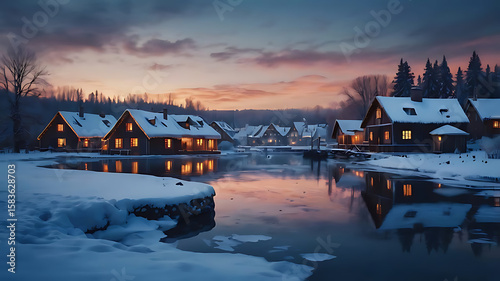 A Peaceful Winter Village with Reflections at Sunset, 4k