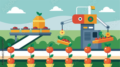 An automated harvesting system using robots and conveyor belts to collect ripe produce.. Vector illustration