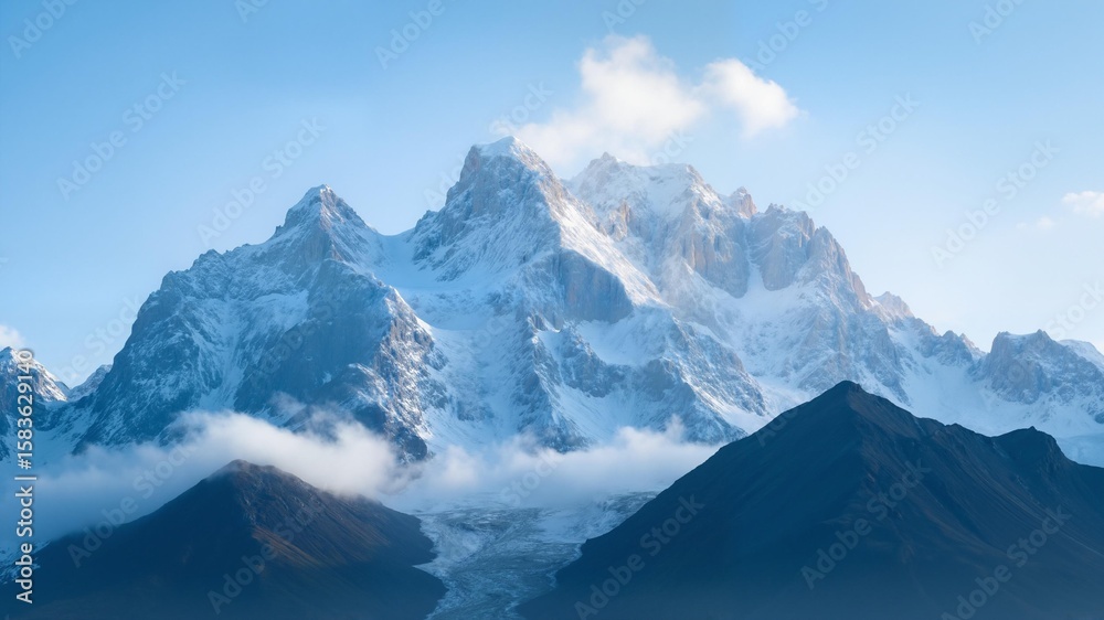 Fototapeta premium Snowy mountains and blue sky with clouds
