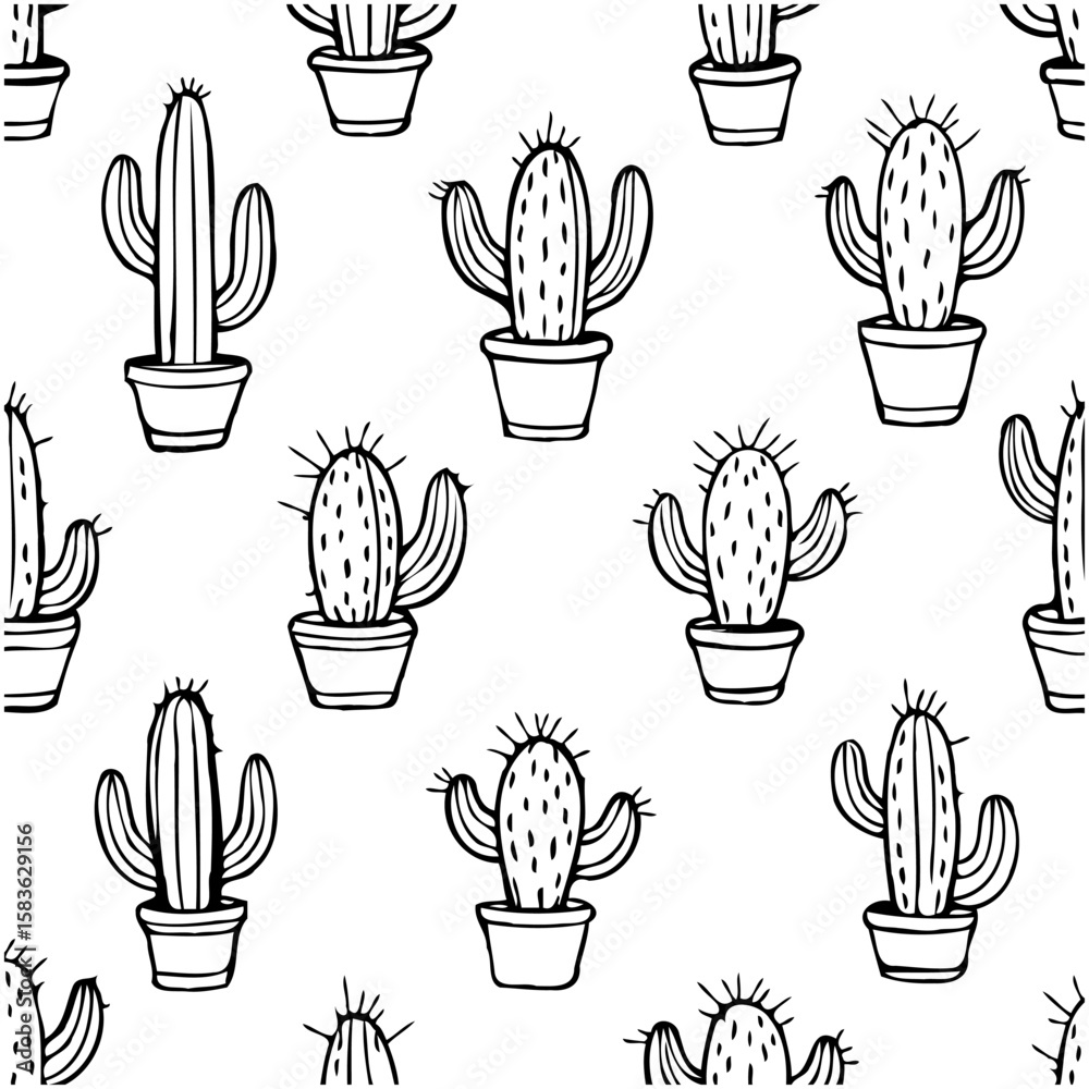 Fototapeta premium Hand-drawn Cacti in Pots Seamless Pattern: Black and White Botanical Illustration