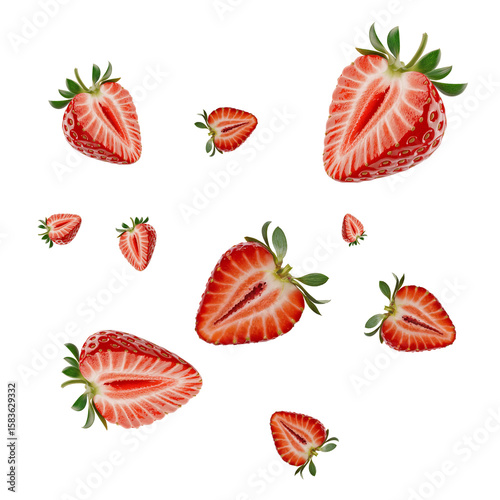 Fresh ripe strawberry halves floating in air with green stems, detailed red flesh and seeds, isolated on black transparent or white background for food design, dessert, and summer concepts