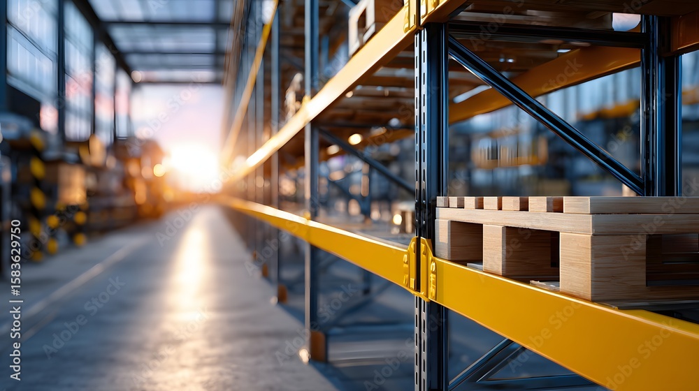 Fototapeta premium Industrial Warehouse Shelving with Wooden Pallets at Sunset Providing a Unique Perspective