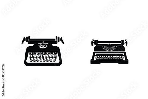Two vintage typewriters offer contrasting styles in striking monochrome silhouette over a transparent background