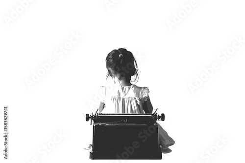 Young girl with short hair is working on a vintage typewriter, viewed from behind