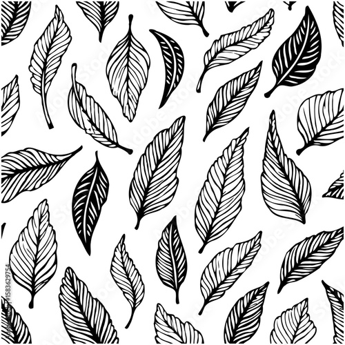 Seamless botanical pattern with hand-drawn leaves, monochrome natural backdrop design