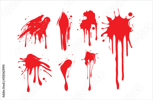 Vivid crimson splatters drip and stain the pristine white backdrop, offering a dramatic element