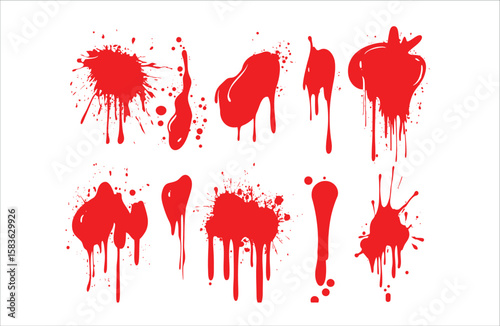 Collection of vivid red paint splatters with drips creates an impactful over a white canvas
