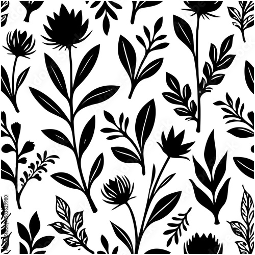 Elegant Botanical Pattern with Black Silhouettes on White Background Design