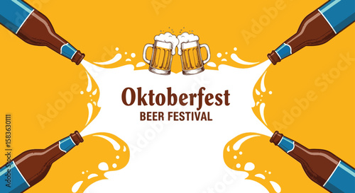Oktoberfest beer festival featuring beer bottles pouring beer and two frothy mugs displayed on a yellow background