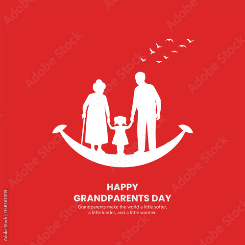 Smiling grandparents hold hands with their granddaughter on a red background with birds