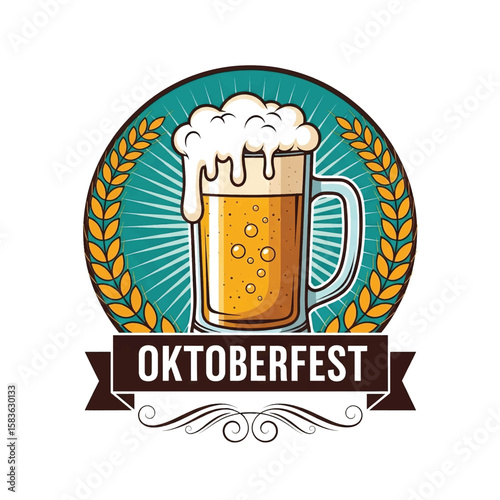 Foamy beer mug icon with Oktoberfest banner and laurel wreath is vector