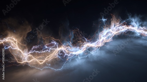 Powerful Lightning Storm with Dramatic Blue and Orange Electric Discharges Illuminating the Dark Sky Above