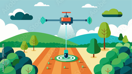 An aerial view of a smart irrigation system in action watering crops in specific zones based on temperature and humidity readings.. Vector illustration