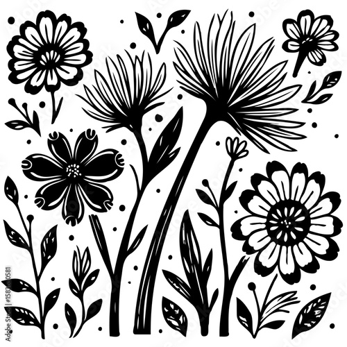 Floral pattern vector design, decorative element with black and white flowers