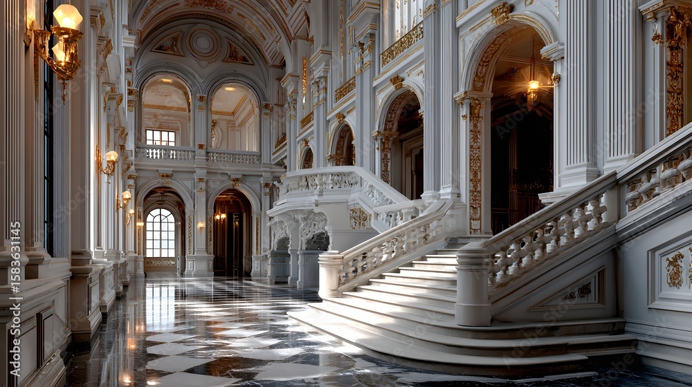 Fototapeta premium Elegant Historical Interior with Grand Staircase and Ornate Design in a Luxurious Building