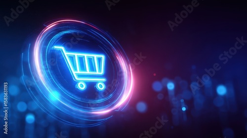 The illuminated shopping cart icon in a digital futuristic setting.