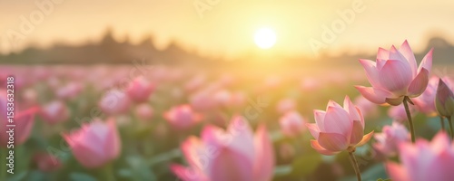 Pink water lotus flowers bloom by a calm lake at sunrise or sunset or sunrise. Idyllic nature scene with serene blossoms and a warm glowing sun for travel blog about Asian garden, post, or banner.	
