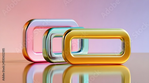 Three Geometric Rectangular Shapes in Metallic Finishes Reflecting Soft Pastel Background